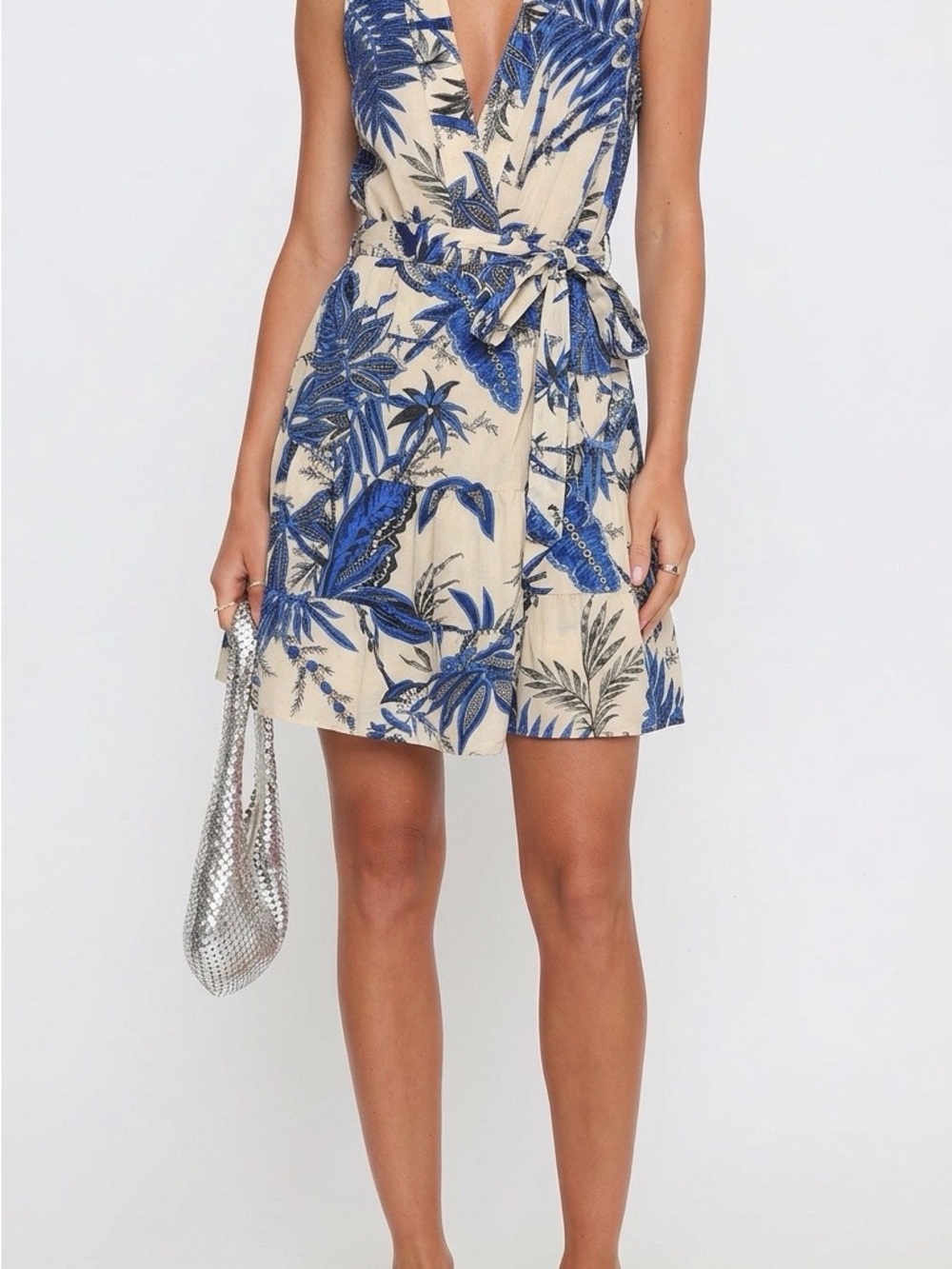 Banana Republic Blue and Cream Tropical Wrap Mini Dress with Tie Waist
